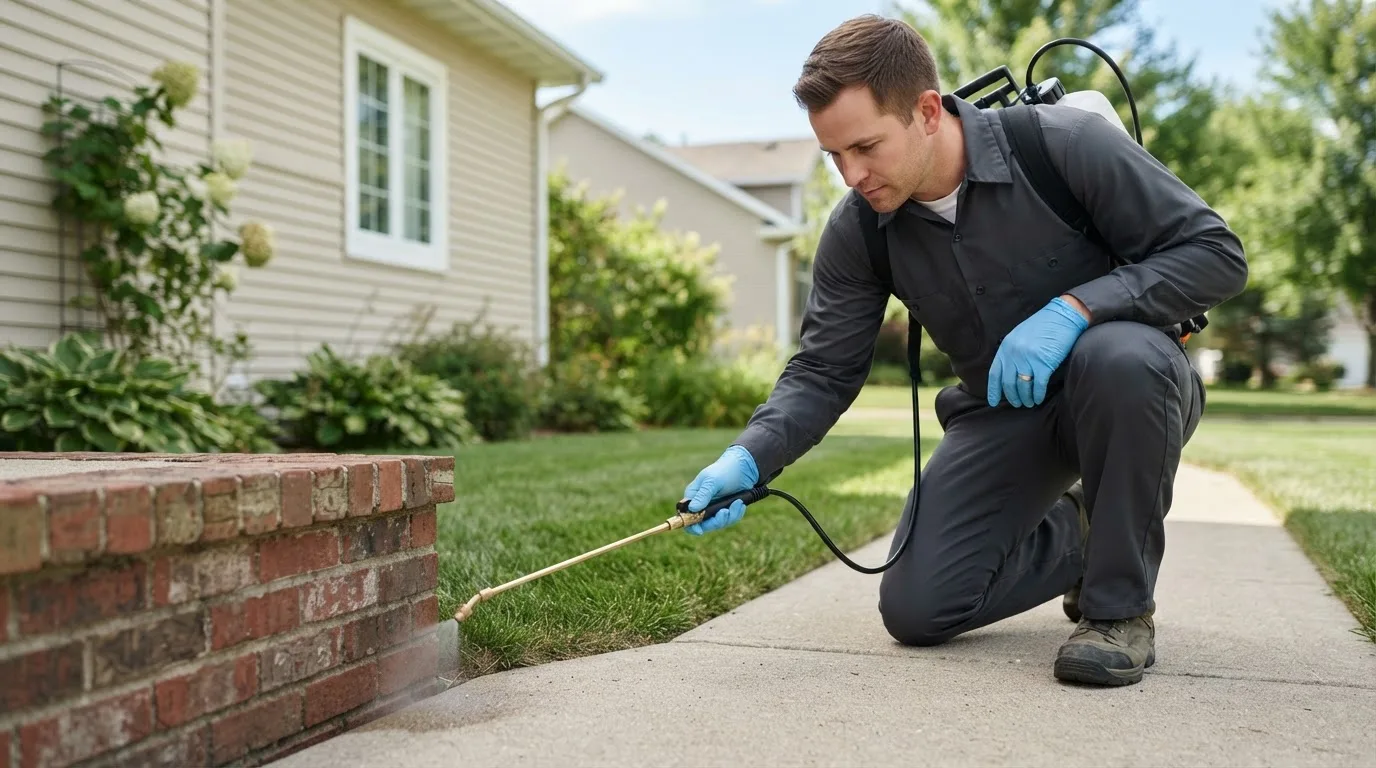 Pest control technician treating a home near Marcellus, NY